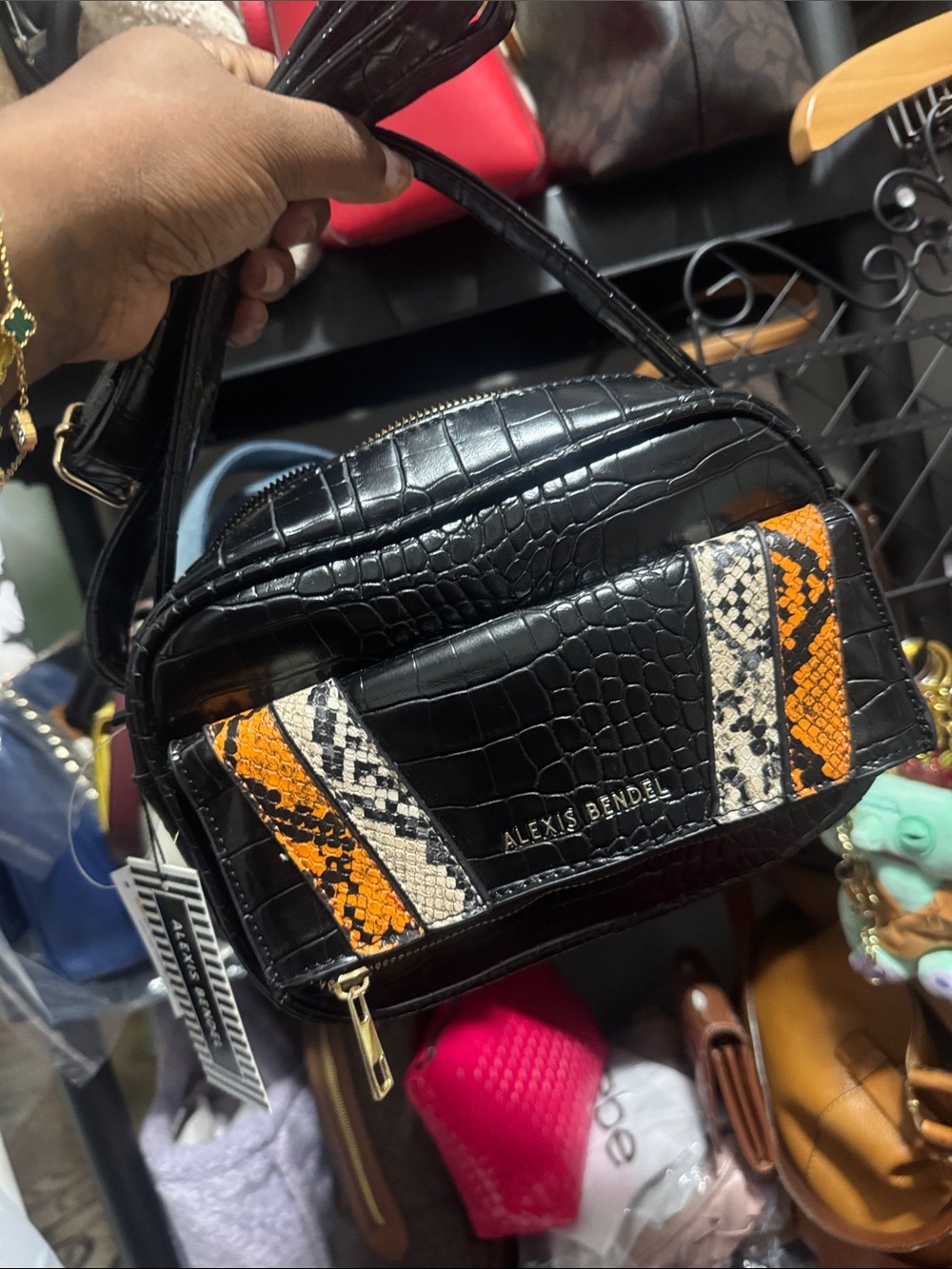 Alexis Benderl Black Croc Crossbody with Orange Snake-Print Accents